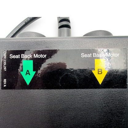 product label showing where the seat base motors, A and B go