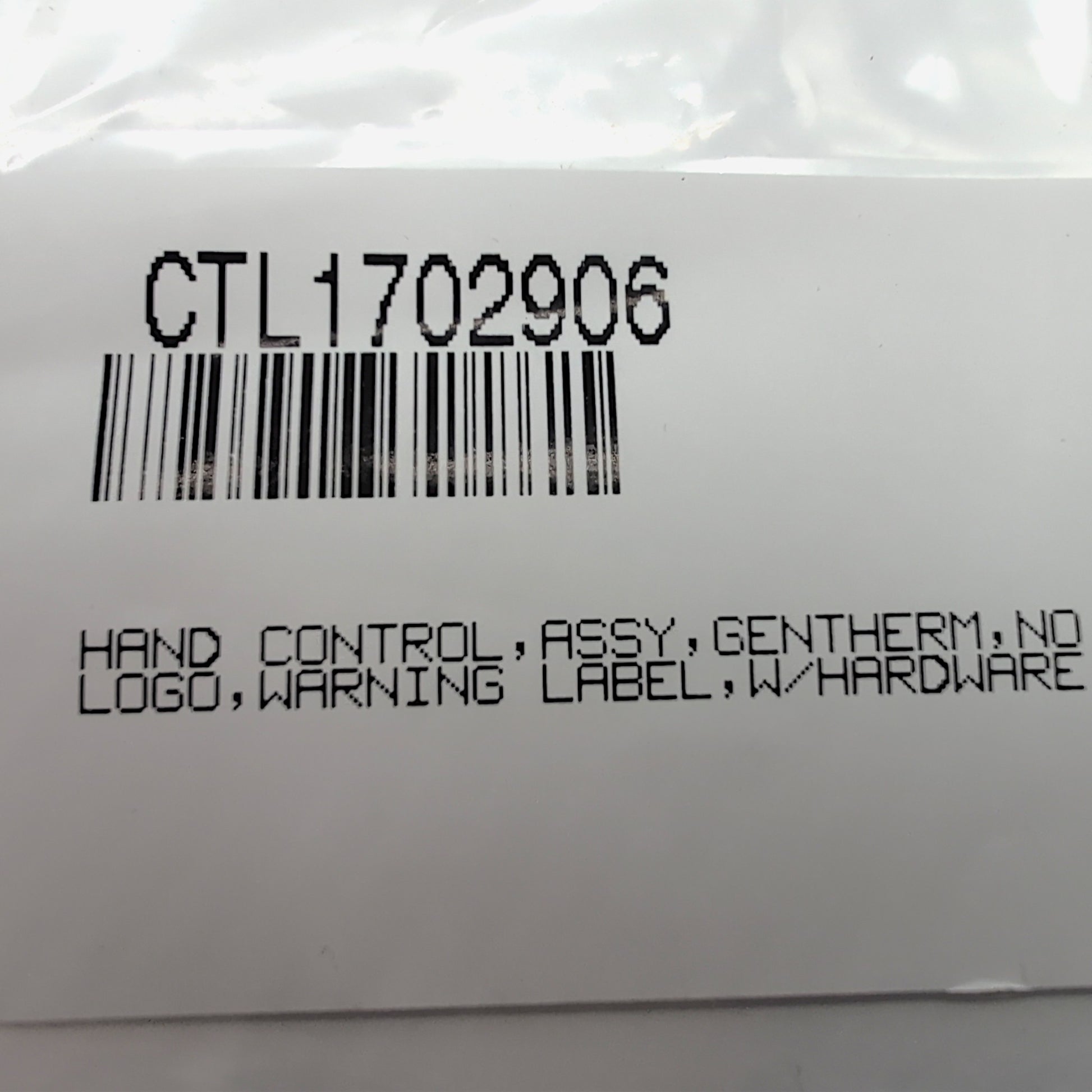 product label. States:CTL1702906 | Hand control, assembly, gentherm, no logo, warning label, with hardware