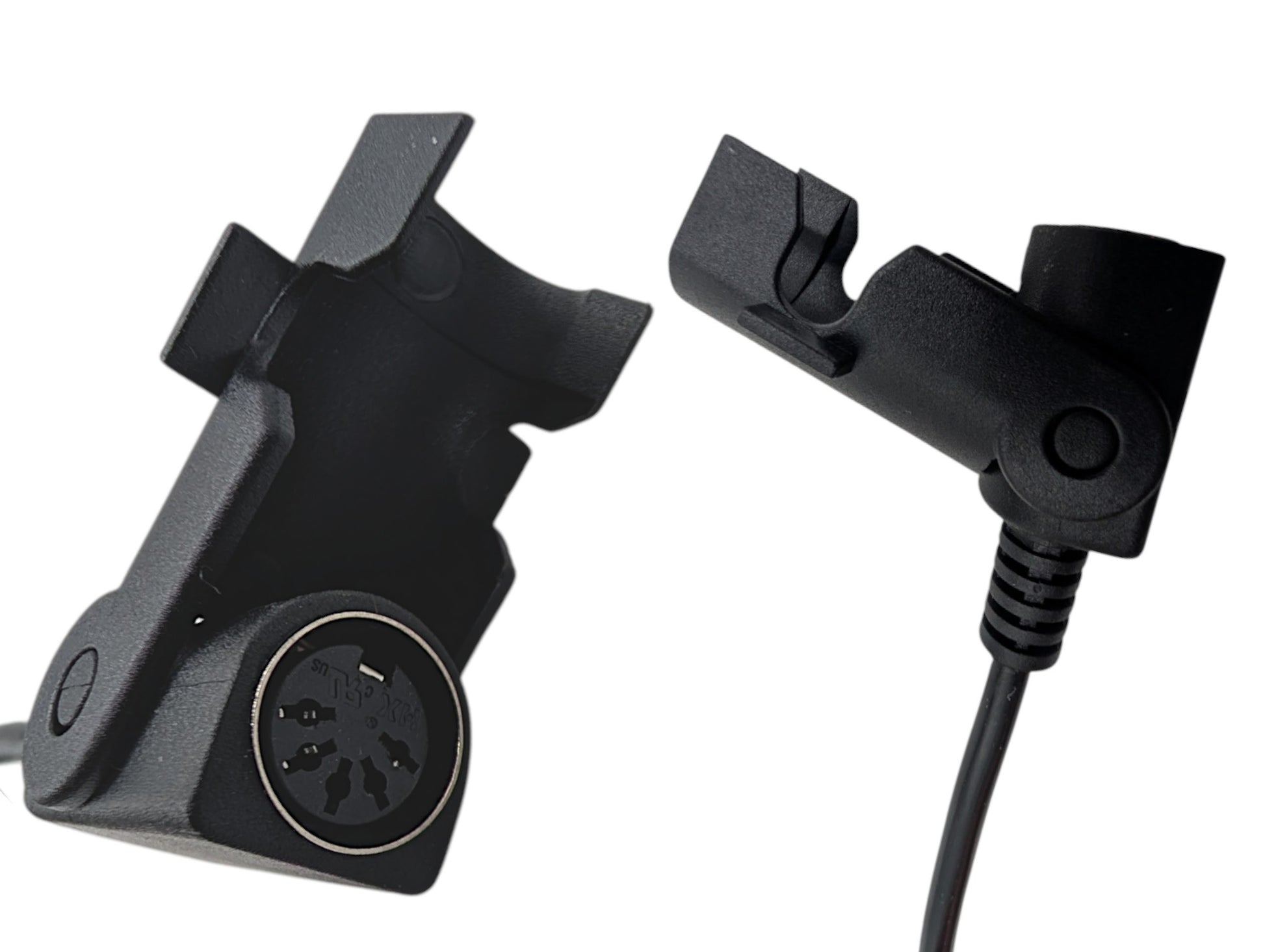 Black female 5 pin connector. Shows two angles