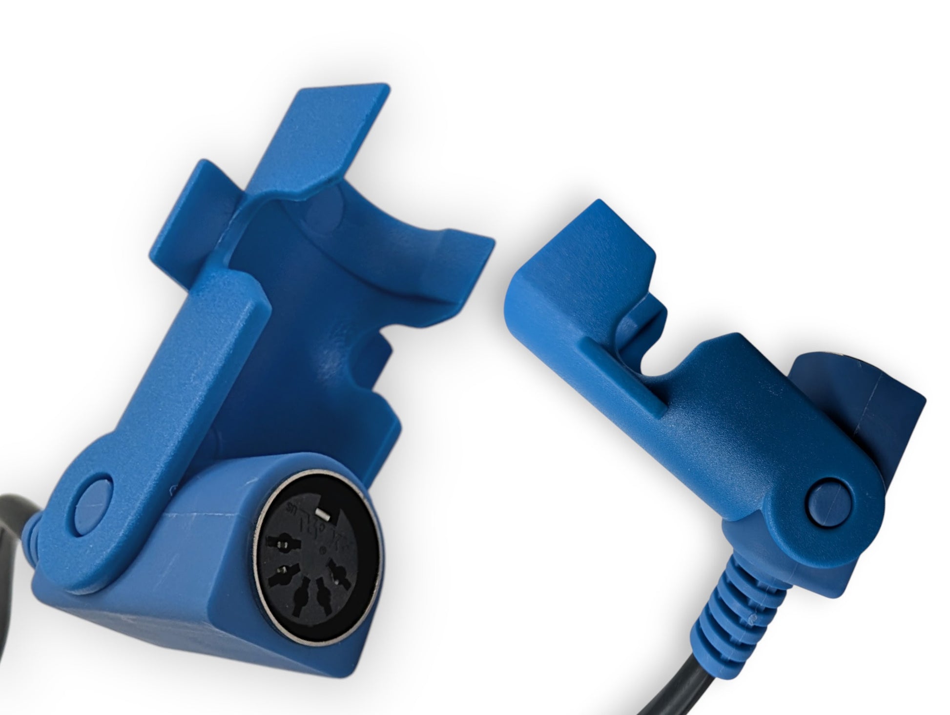 blue female 5 pin connector. Shows two angles