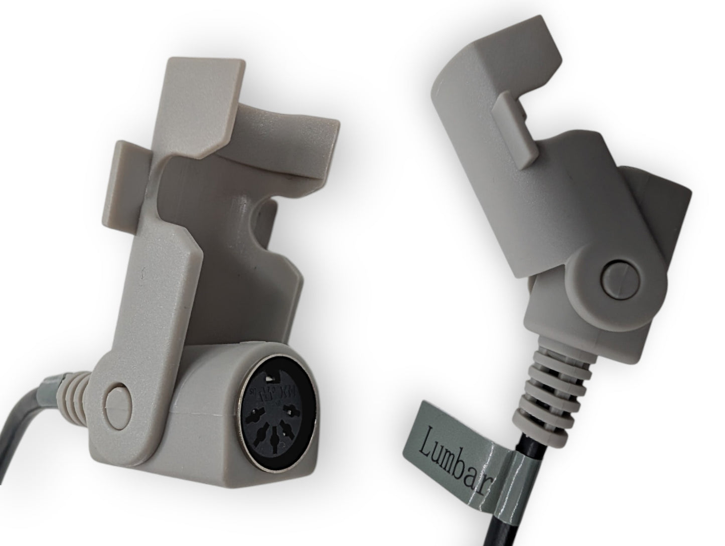 Gray female 5 pin connector. Shows two angles and sticker marked : Lumbar