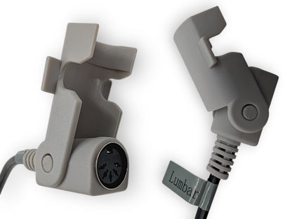 Gray female 5 pin connector. Shows two angles and sticker marked : Lumbar