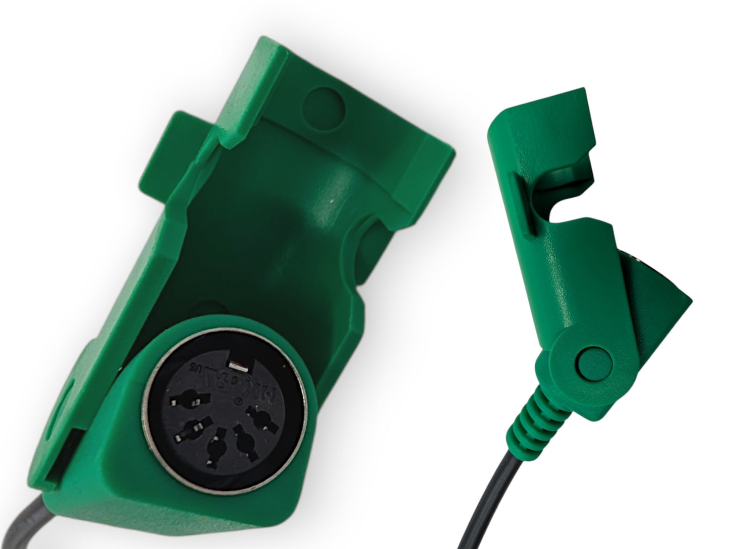 Green female 5 pin connector. Shows two angles