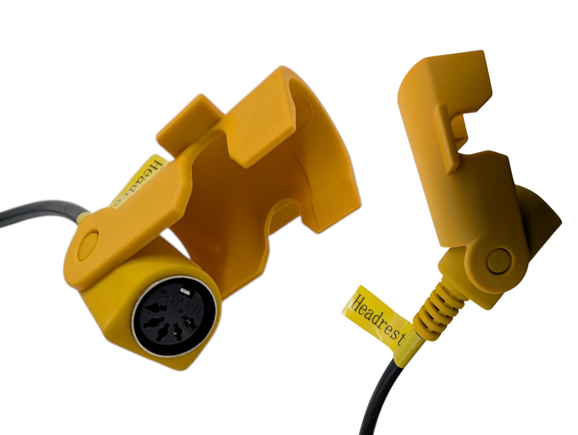 Yellow female 5 pin connector. Shows two angles. Shows a sticker marked: Headrest