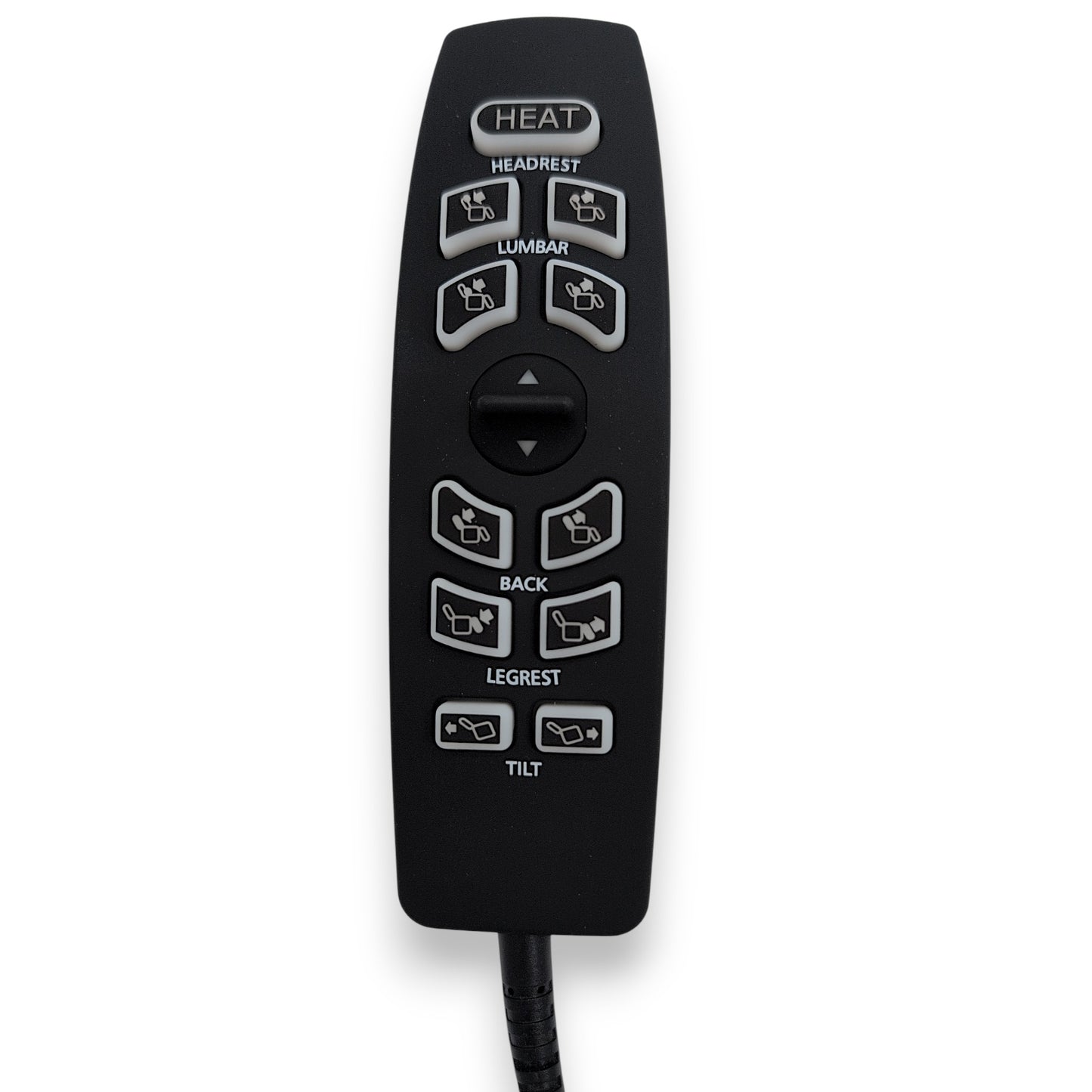 Front closeup of this remote hand control. Has 11 buttons and 1 switch. 1 switch for "UP/Down". 1 button for "heat", 2 For "Headrest", 2 for "Lumbar", 2 for "Back", 2 for "Legrest", and 2 for "Tilt"