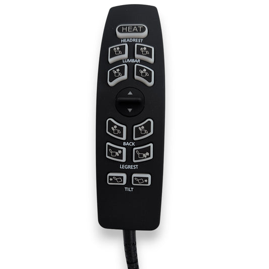 Front closeup of this remote hand control. Has 11 buttons and 1 switch. 1 switch for "UP/Down". 1 button for "heat", 2 For "Headrest", 2 for "Lumbar", 2 for "Back", 2 for "Legrest", and 2 for "Tilt"