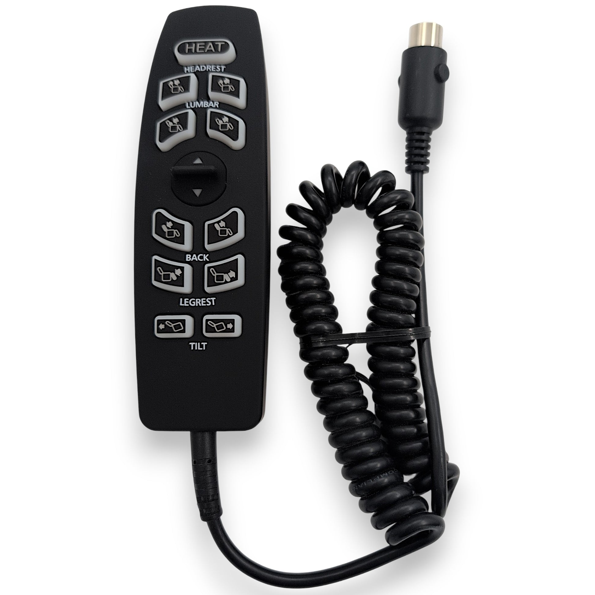 Front of remote hand control with the cord wound up showing the bottom of the 5-pin connector