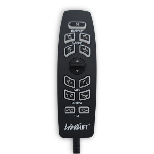 Front of Remote Hand Control CTL2405101 / HW110K-X-VA with Memory, Headrest, Lumbar, Back, Legrest, and Tilt buttons labeled, and 1 Toggle switch Up/Down