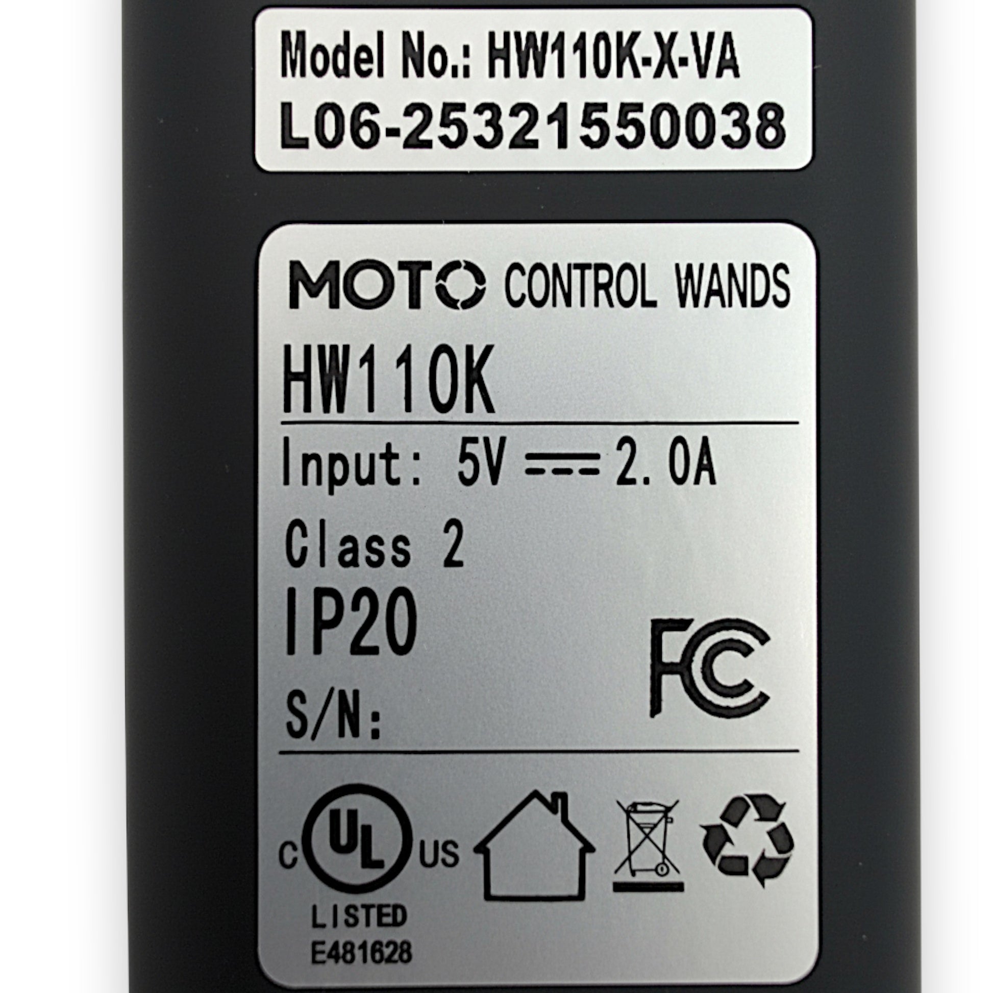 Product Label with, Model Number: HW110K-X-VA, Moto Control Wands, HW110K, etcetera