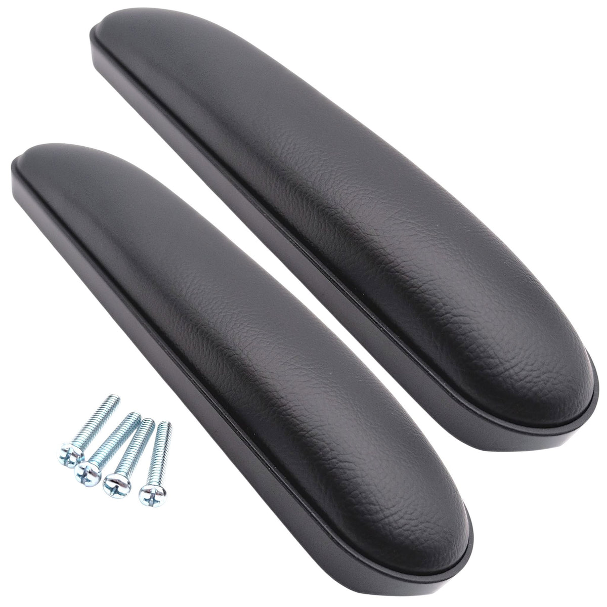 2 desk length armrestpads (SETLRAM1115) in an angled view showing the front, top, and side of both pads. with 4 screws nearby.