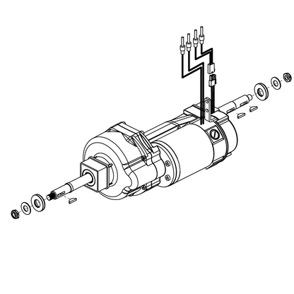 Exploded parts diagram of Pride DRVASMB2454 motor, brake and transaxle with axle keys, washers and nuts