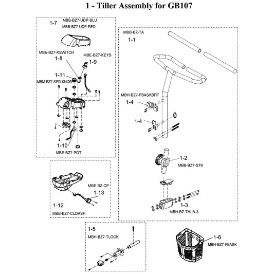 Golden Technologies | Knuckle Tiller Steel | Buzzaround LT GB107D, Buzzaround XL GB117 and GB147, Buzzaround EX GB118 and GB148 | MBB-BZ7-STK | Callout 1-2