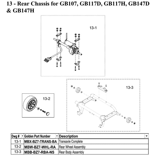 Golden Technologies | Wheel Rear | Buzzaround LT GB107D, Buzzaround XL GB117 and GB147 | MBW-BZ7-WHL-RA | Callout 13-2