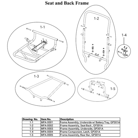 Golden Technologies | Frame Assembly, Underside W/ Battery Tray | Stride GP301 | MFA-0001 | Callout 1-1