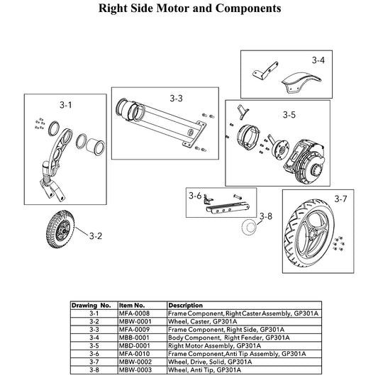 Golden Technologies | Frame Component, Right Side | Stride GP301 | MFA-0009 | Callout 3-3
