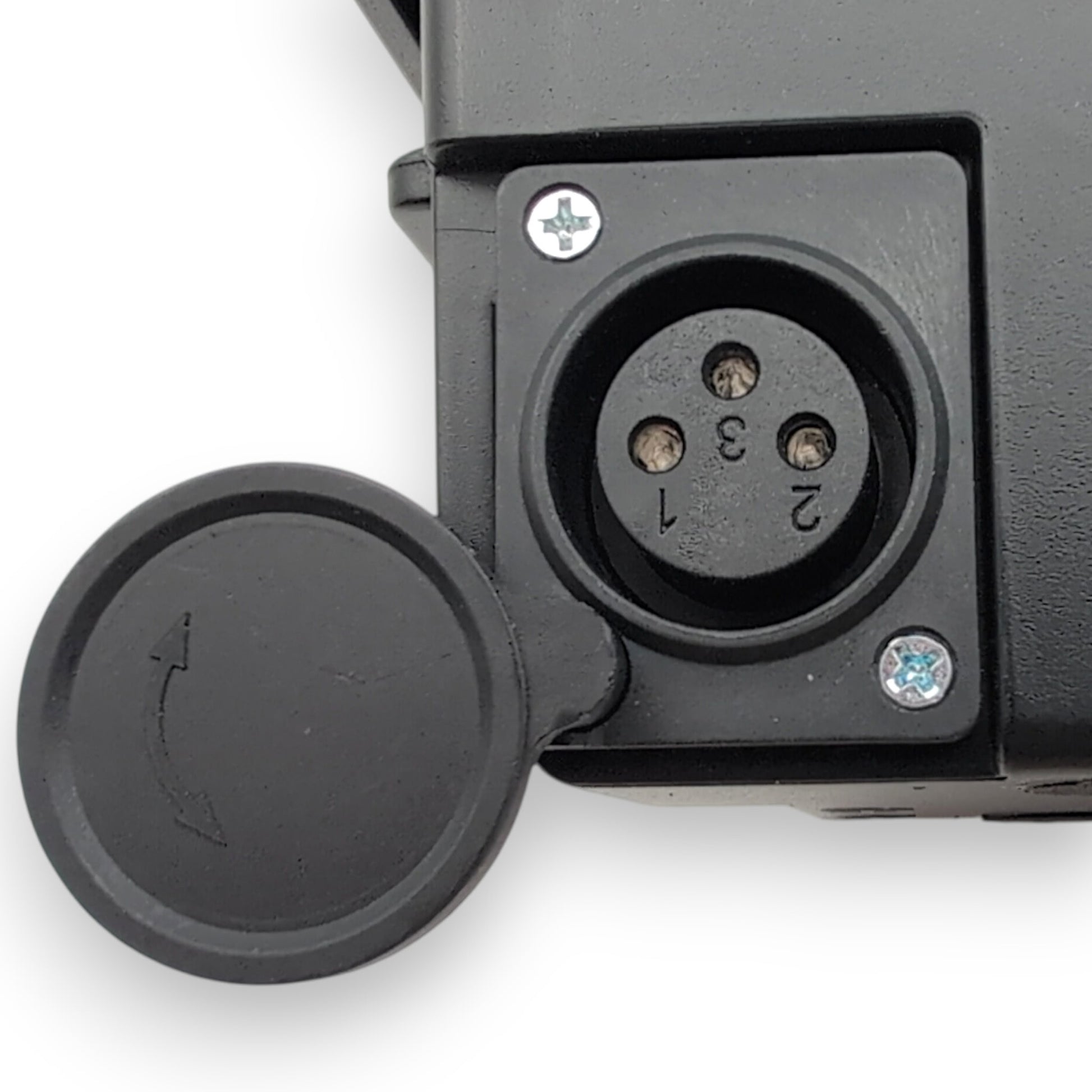 3-pin XLR charger port with cover open