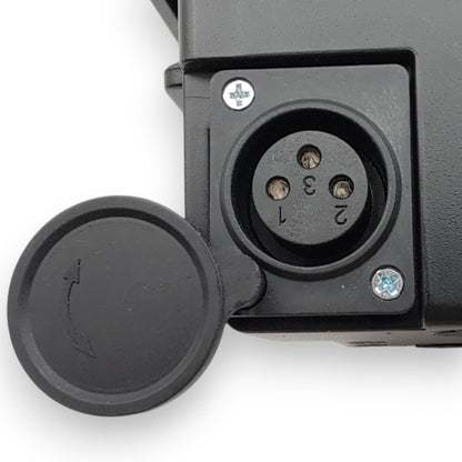 3-pin XLR charger port with cover open