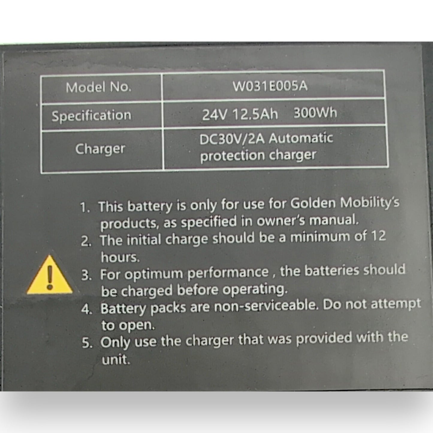 Product Label found on bottom of battery pack. States the model number: W031E005A and the specifications: 24 Volt, 12.5 Amp Hours, 300 Watt Hours.