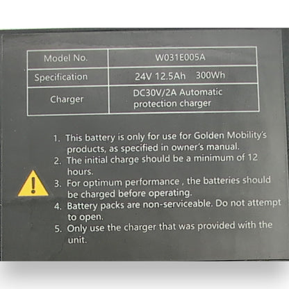 Product Label found on bottom of battery pack. States the model number: W031E005A and the specifications: 24 Volt, 12.5 Amp Hours, 300 Watt Hours.