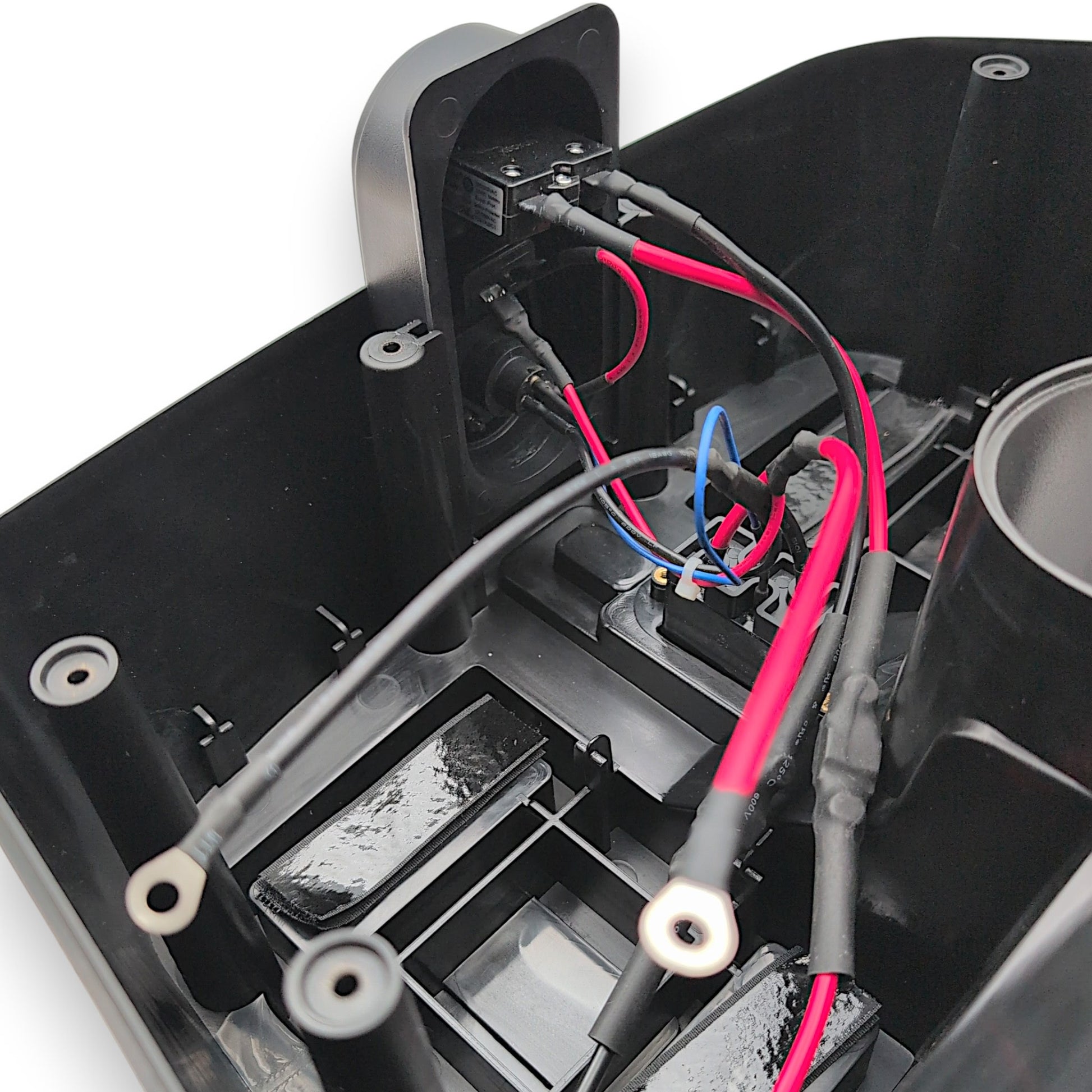 view of the wiring, 30 Amp circuit breaker, ports, battery ring terminals connectors from inside the battery box