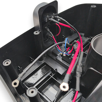 view of the wiring, 30 Amp circuit breaker, ports, battery ring terminals connectors from inside the battery box