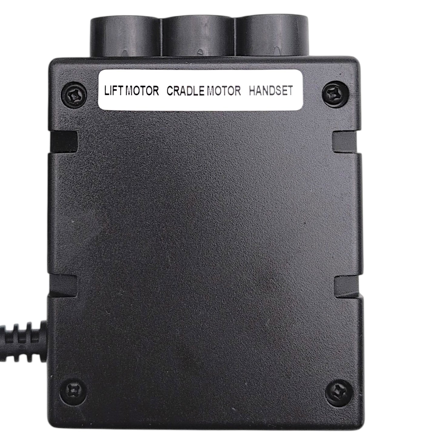 front view closeup of GM3000-CB Control Box showing labels for, Lift Motor (5-pin Female Connector), Cradle Motor (5-pin Female Connector), and Handset (8-pin Female Connector)