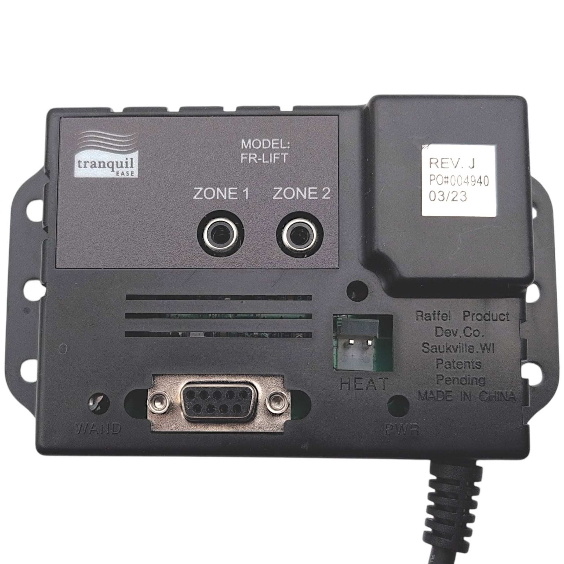 Front of tranquil ease Control Box / Junction Box with Model Number: FR-LIFT, Zone 1 Port, Zone 2 Port, 2-Pin Heat Port, 9-Pin Wand Port