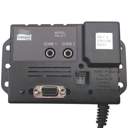 Front of tranquil ease Control Box / Junction Box with Model Number: FR-LIFT, Zone 1 Port, Zone 2 Port, 2-Pin Heat Port, 9-Pin Wand Port