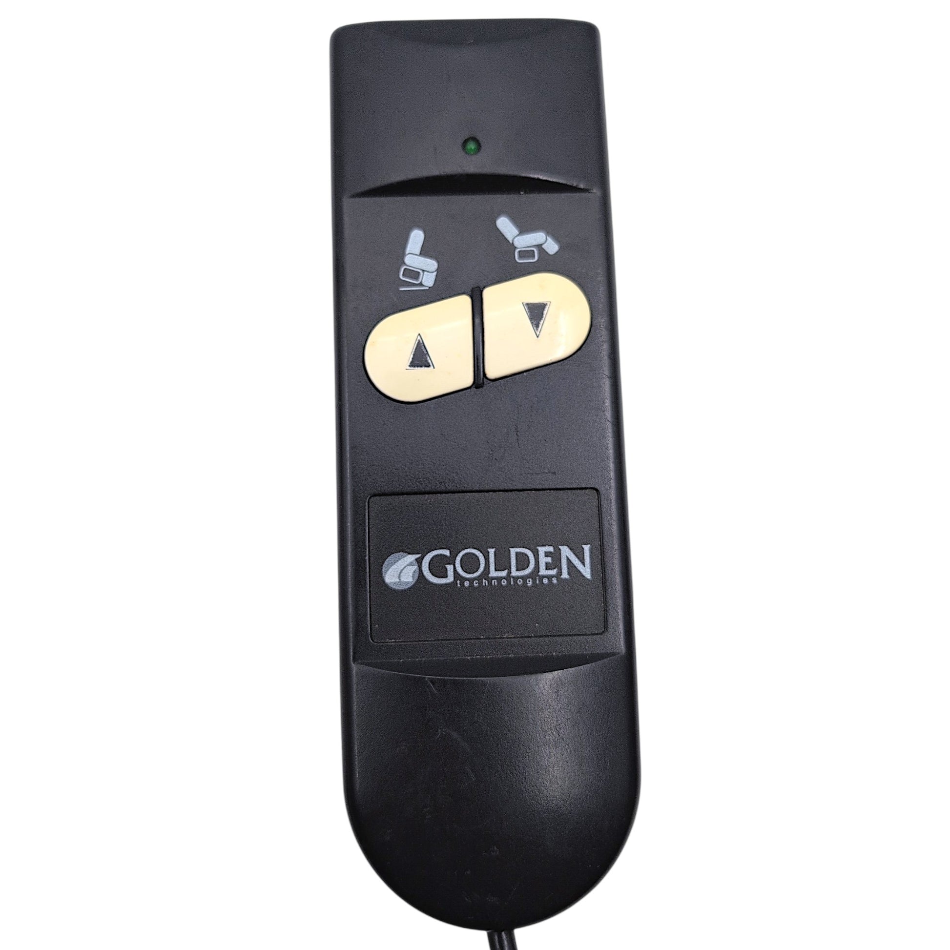 closeup front view of remote hand control. Top of the case is square, while the bottom is a round oval shape. Two white buttons with black arrows painted on them. Chair illustrations above the buttons. One LED. A white rectangular "Golden Technologies" logo at center/bottom.
