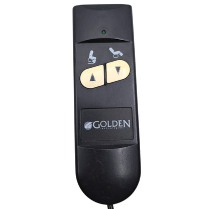 closeup front view of remote hand control. Top of the case is square, while the bottom is a round oval shape. Two white buttons with black arrows painted on them. Chair illustrations above the buttons. One LED. A white rectangular "Golden Technologies" logo at center/bottom.