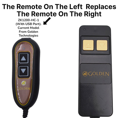 states: "The remote on the left replaces the remote on the right". Showing how the ZK1200-HC-1 is the OEM replacment for this remote from Golden Technologies.