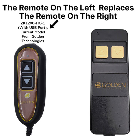states: "The remote on the left replaces the remote on the right". Showing how the ZK1200-HC-1 is the OEM replacment for this remote from Golden Technologies.