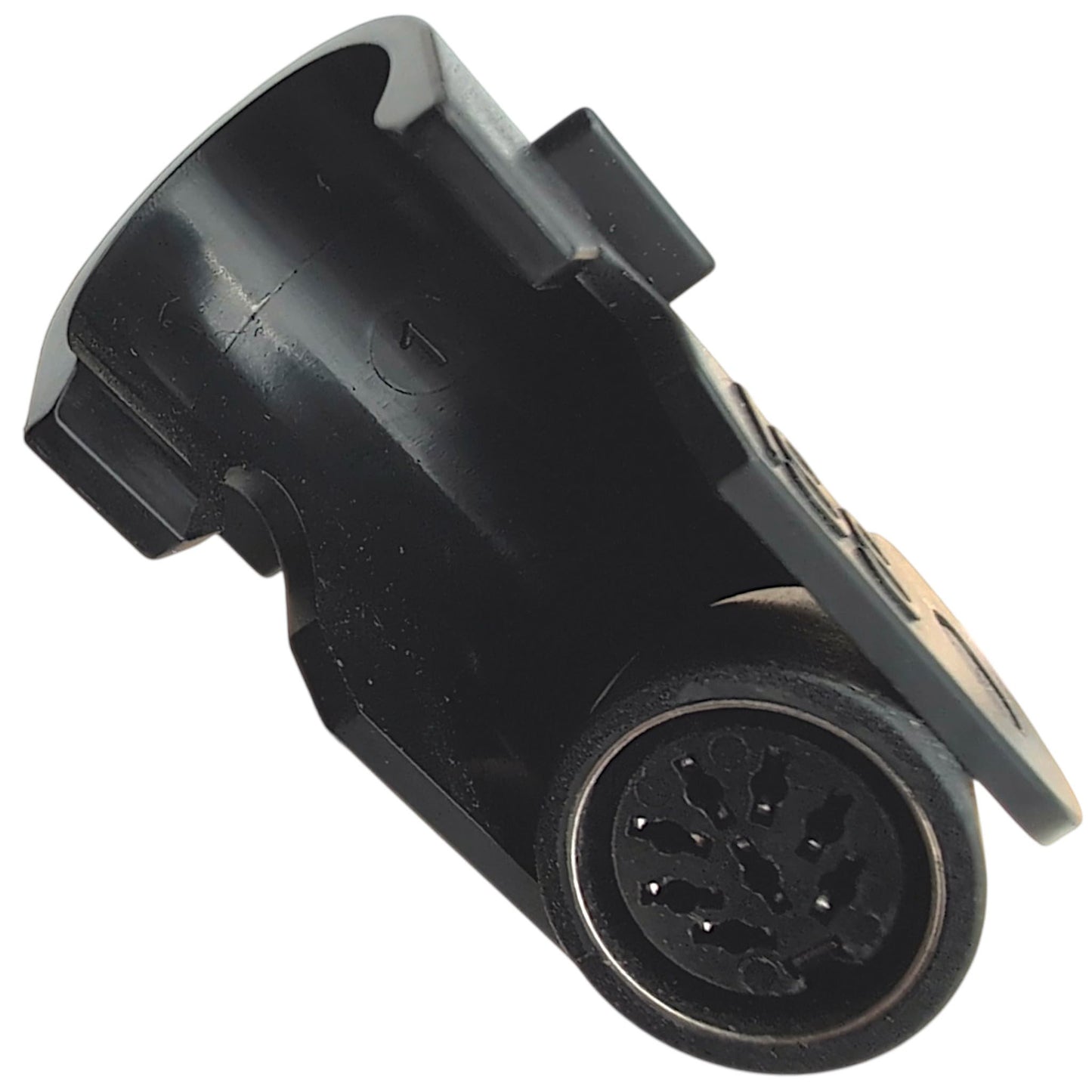 front view of 8-pin female connector with clamp in open position.