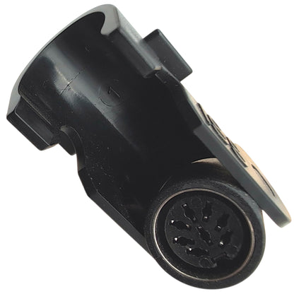 front view of 8-pin female connector with clamp in open position.