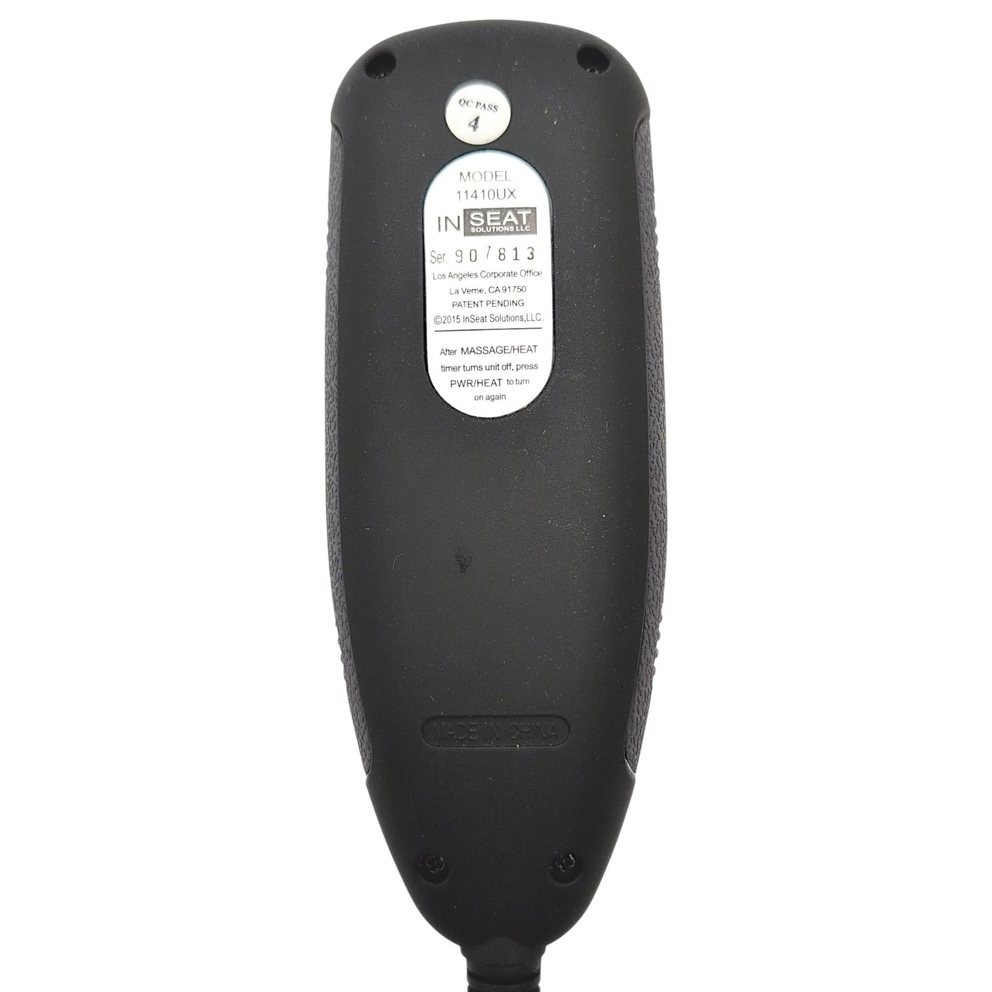 back of remote hand control with label stating Model Number 11410UX In Seat Solution LLC
