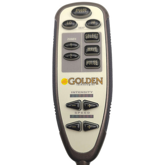 Front of 12 button Heat & Massage remote hand control. With PWR, Heat, Zones, Select, Wave, Pulse, Intensity & Speed Settings Labeled 