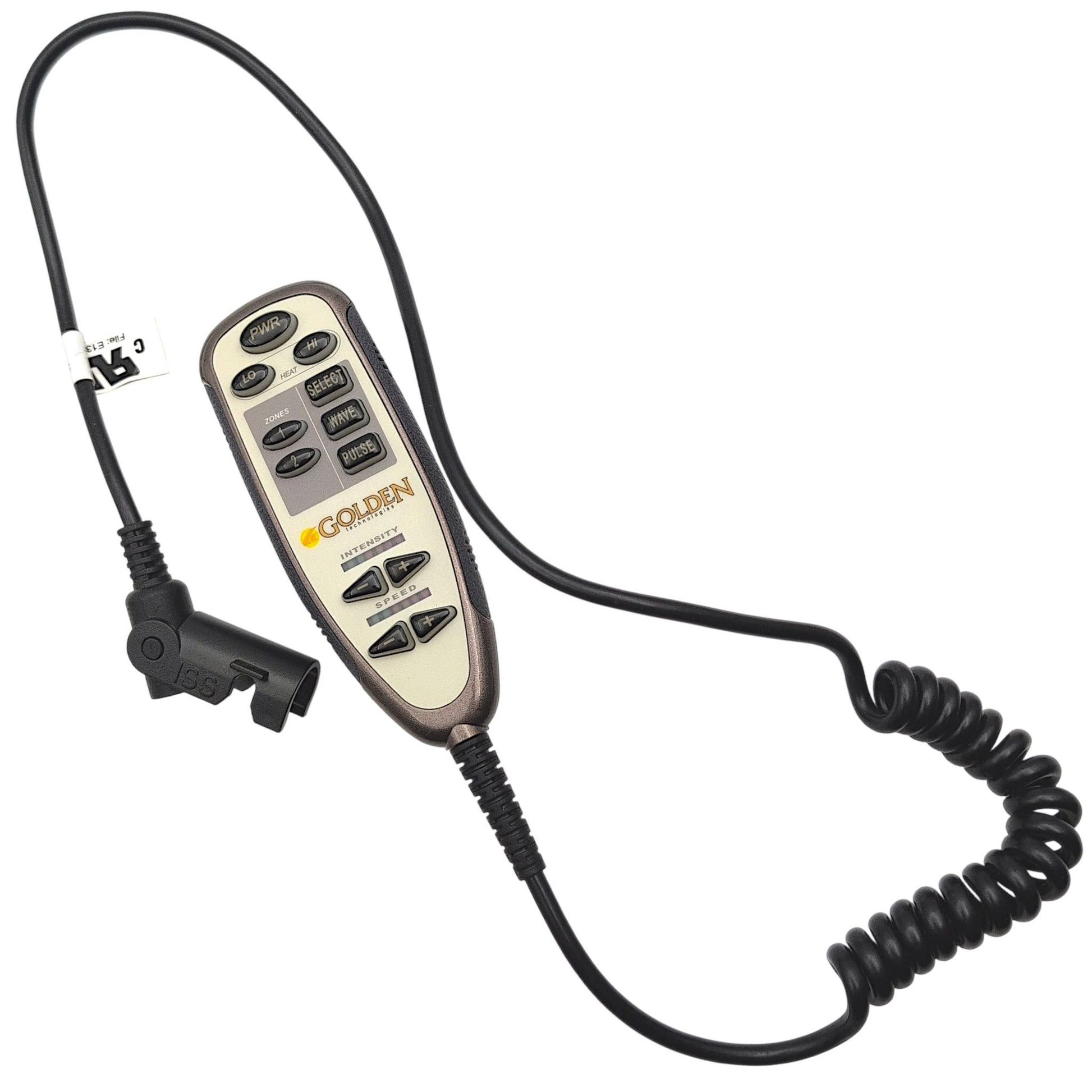 front of 12-Button remote hand control with cord un-wound to show its length & 8-pin female connector with clamp open.
