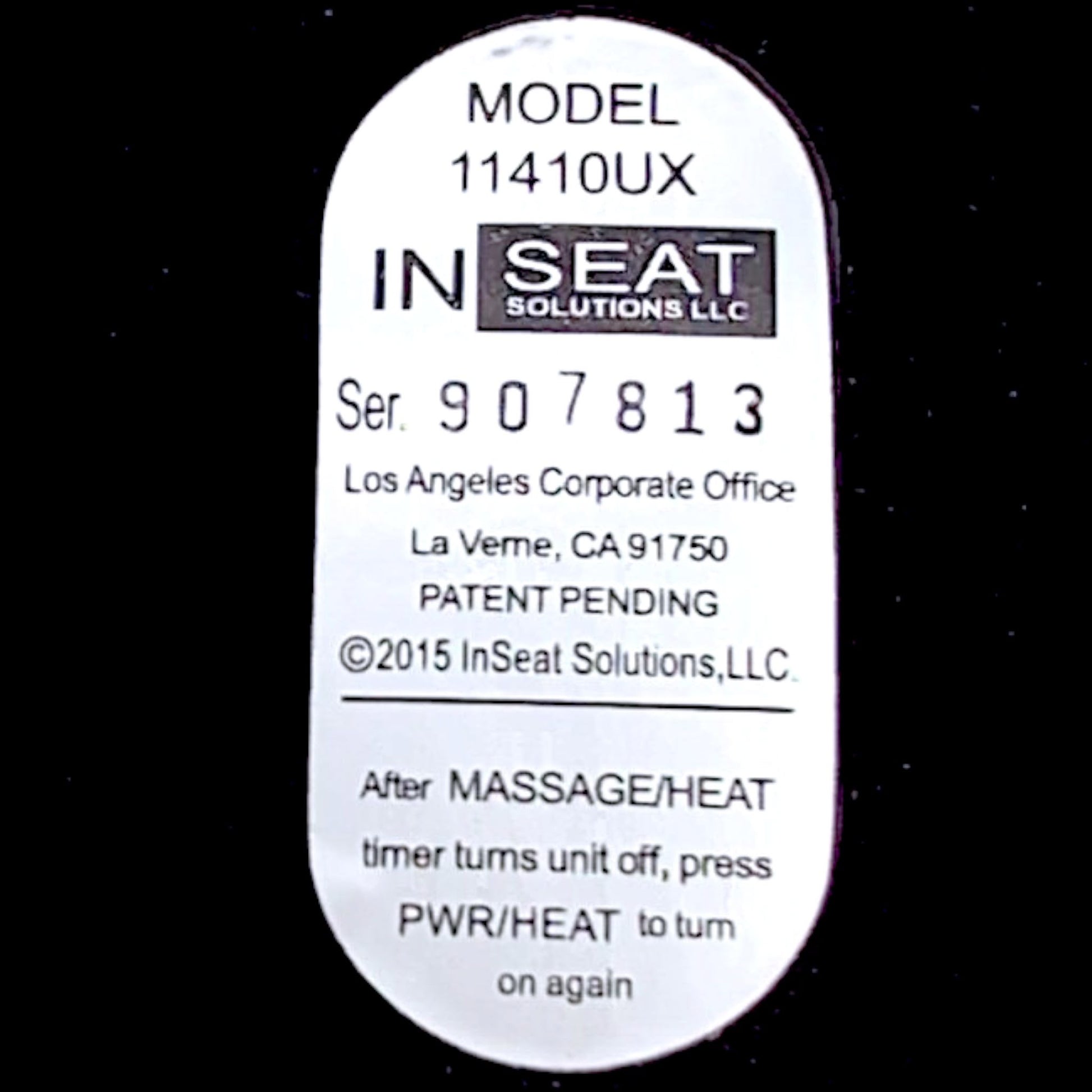 Product label. States: Model Number: 11410UX. In Seat Solutions LLC
