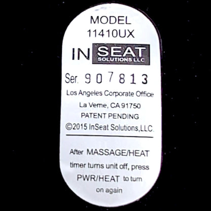 Product label. States: Model Number: 11410UX. In Seat Solutions LLC