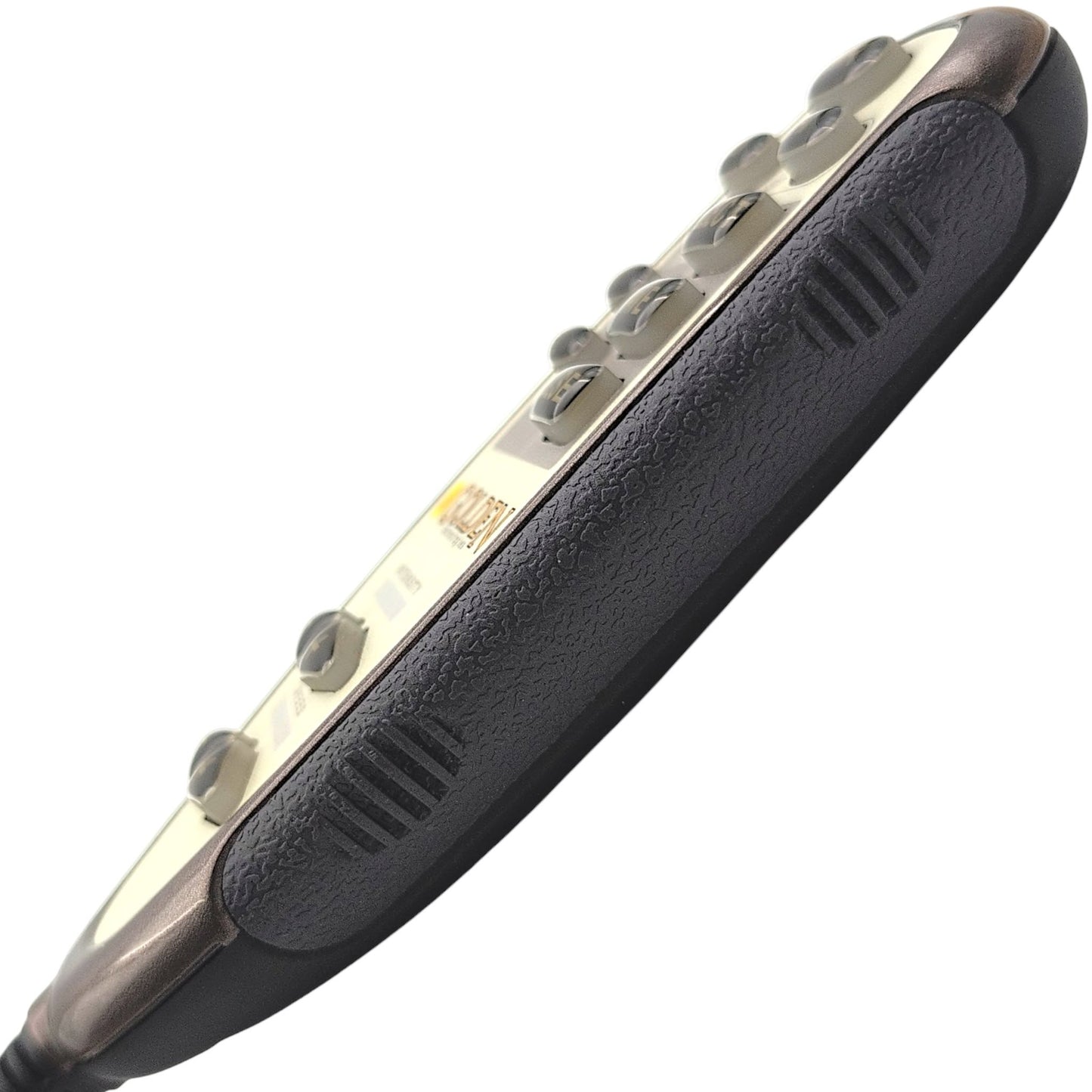 right side view of remote hand control. hand grip and 12 buttons in view