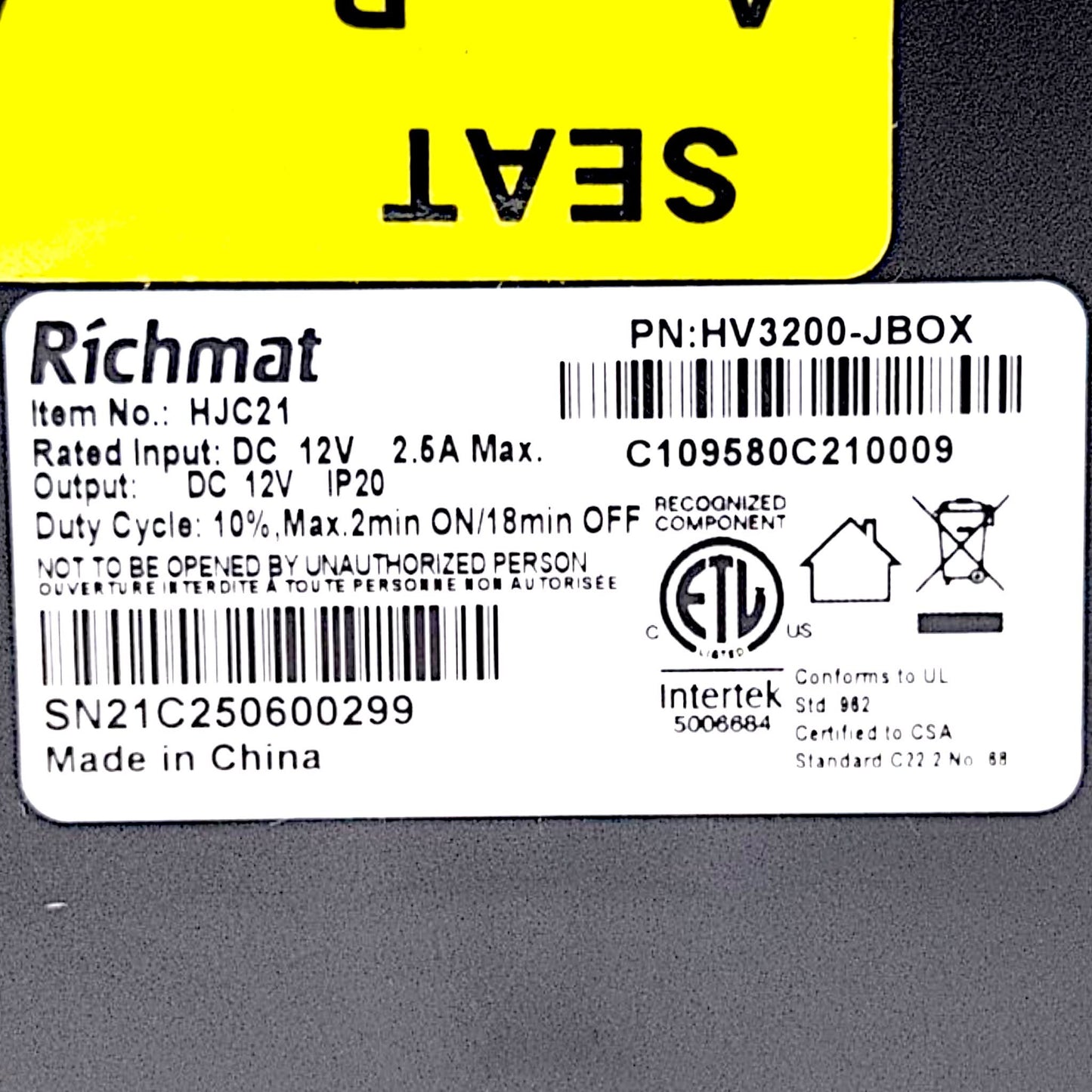 Product Label States: Richmat Item Number: HJC21 / Part Number: HV3200-JBOX