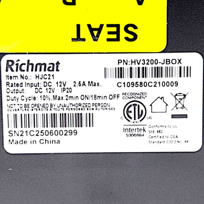 Product Label States: Richmat Item Number: HJC21 / Part Number: HV3200-JBOX
