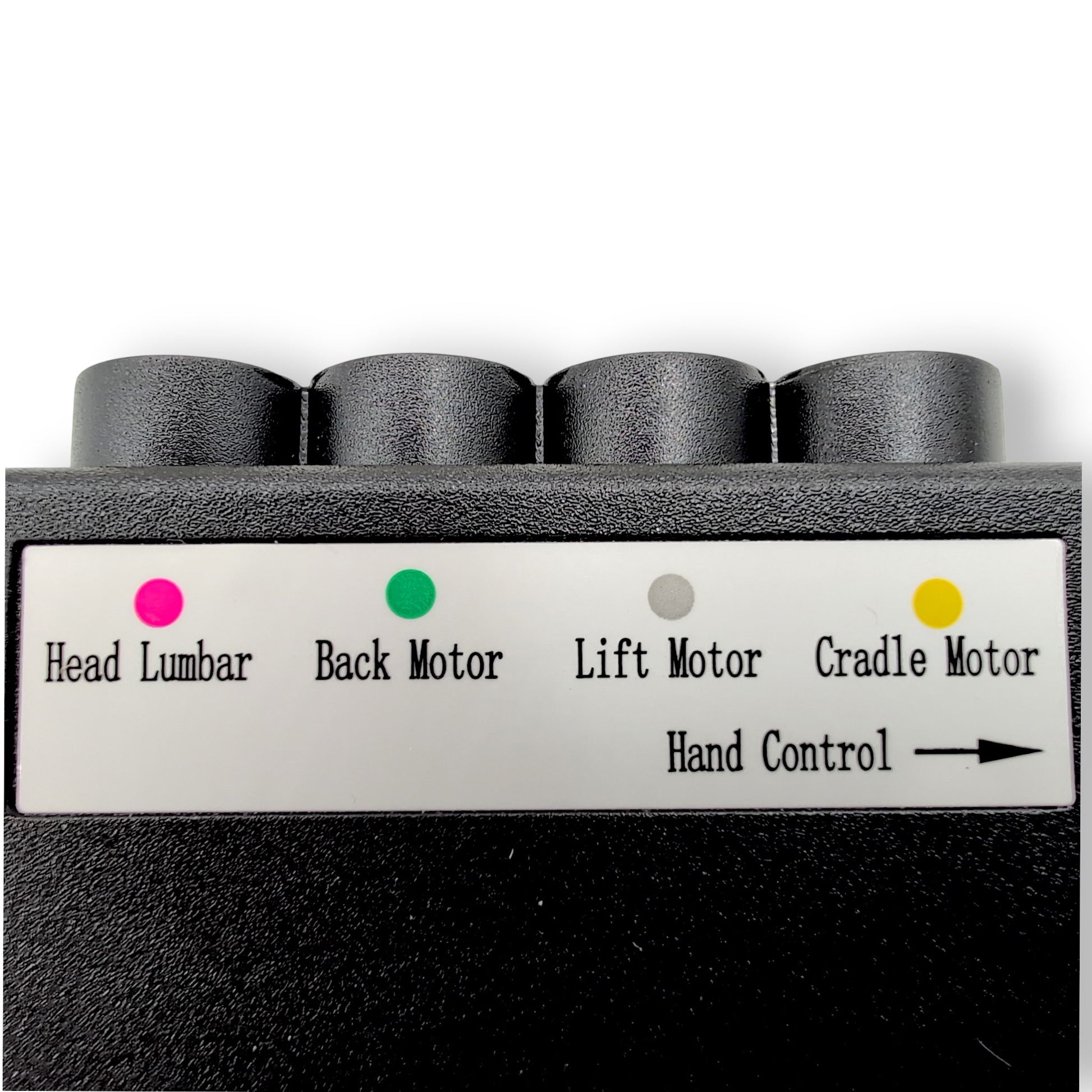 label for connector ports. From left to right: Head Lumbar, Bck Motor, Lift Motor, Cradle Motor, and Handcontrol.