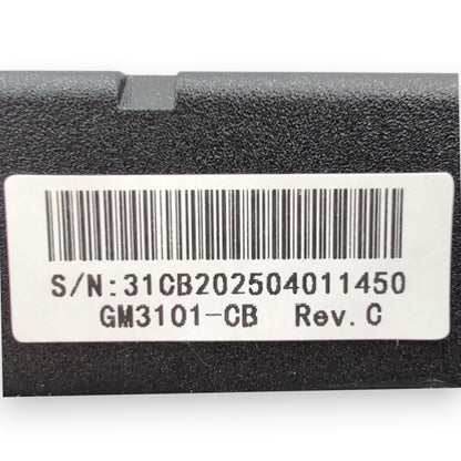 product label showing part number gm3101-cb, serial number, and revision number