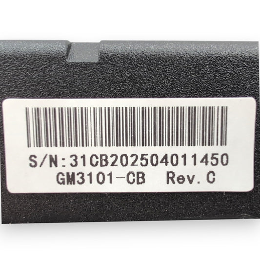 product label showing part number gm3101-cb, serial number, and revision number