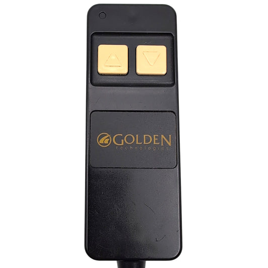 front closeup of remote hand control. Body is square with rounded corners. There is a rectangular "Golden Technologies" logo with yellow font in the middle of the remote. There is an led on the top left and 2 white square shaped buttons with up/down arrows molded into the buttons.