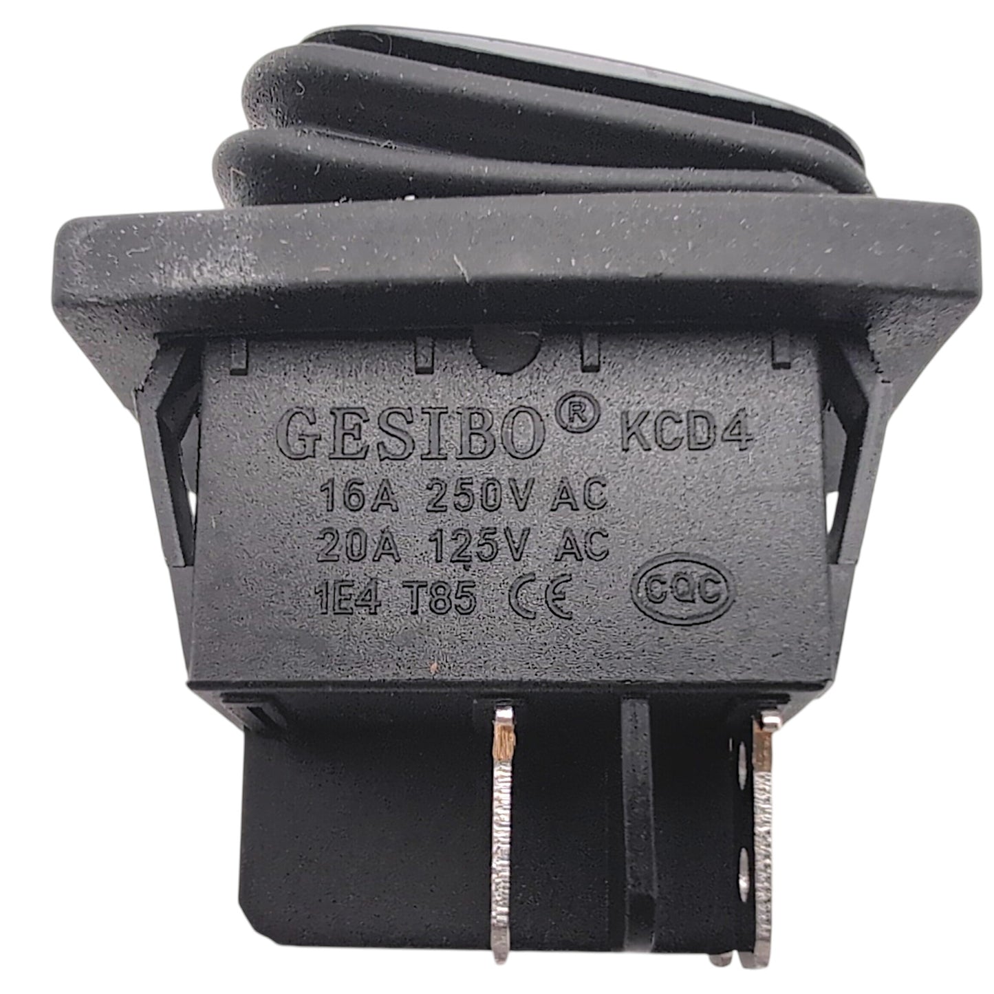 side of switch with manufacturer information. States: Gesibo - KCD4, 16 amps 250 volts AC, 20 amps 125 volts AC, 1E4 T85