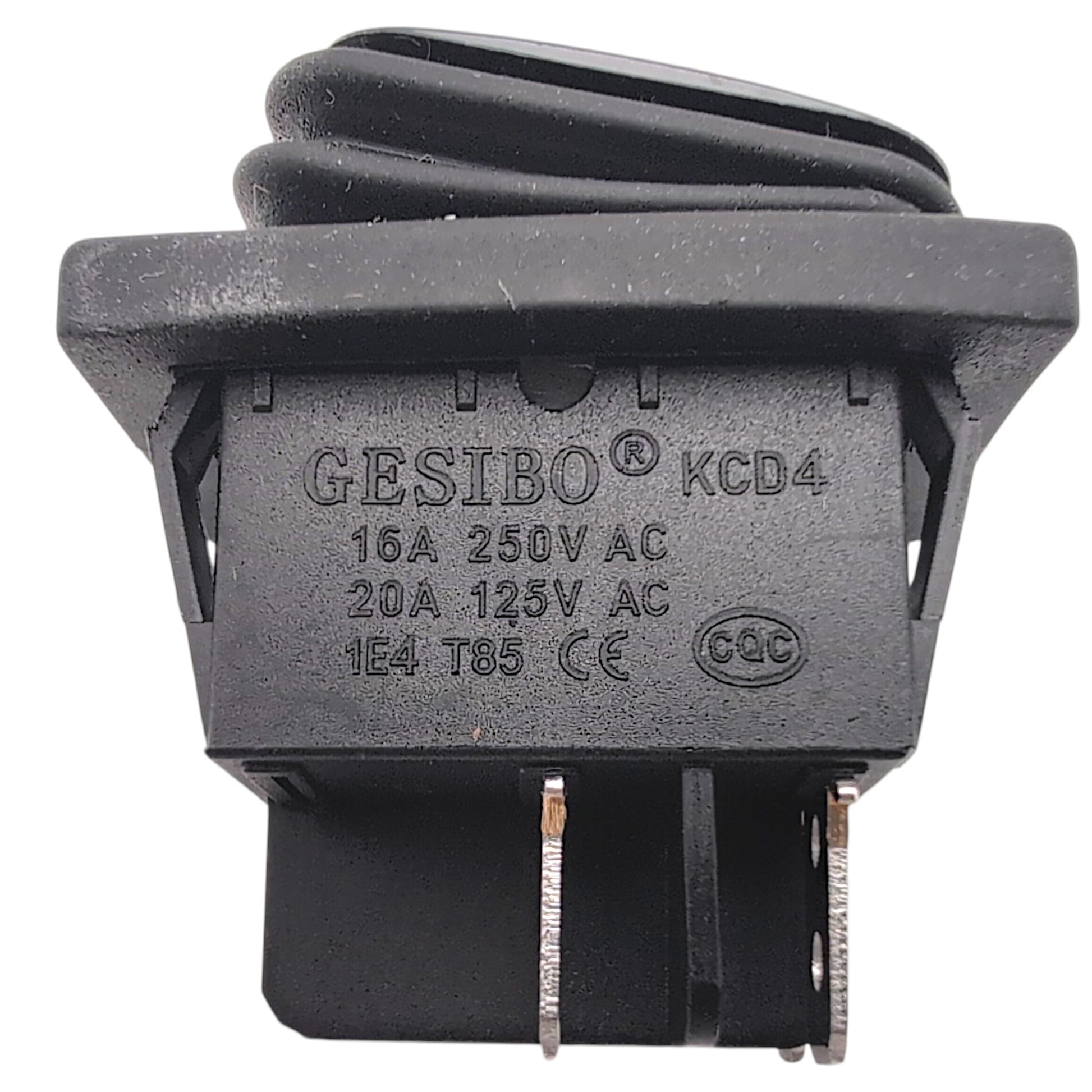 side of switch with manufacturer information. States: Gesibo - KCD4, 16 amps 250 volts AC, 20 amps 125 volts AC, 1E4 T85