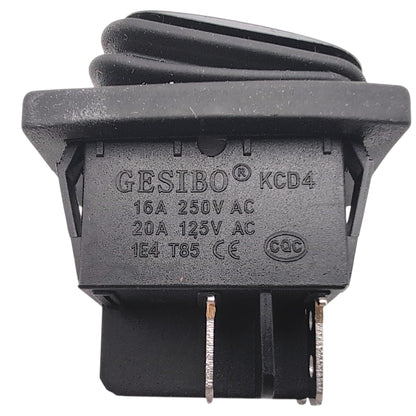 side of switch with manufacturer information. States: Gesibo - KCD4, 16 amps 250 volts AC, 20 amps 125 volts AC, 1E4 T85