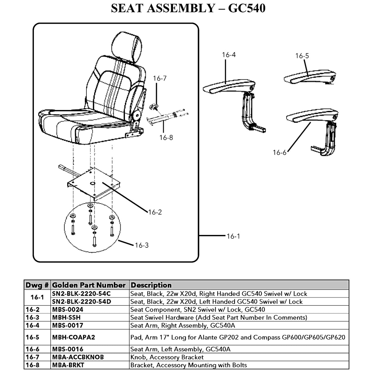 Golden Technologies | Seat Arm, Left Assembly | GC540A | MBS-0016 | Callout 16-6